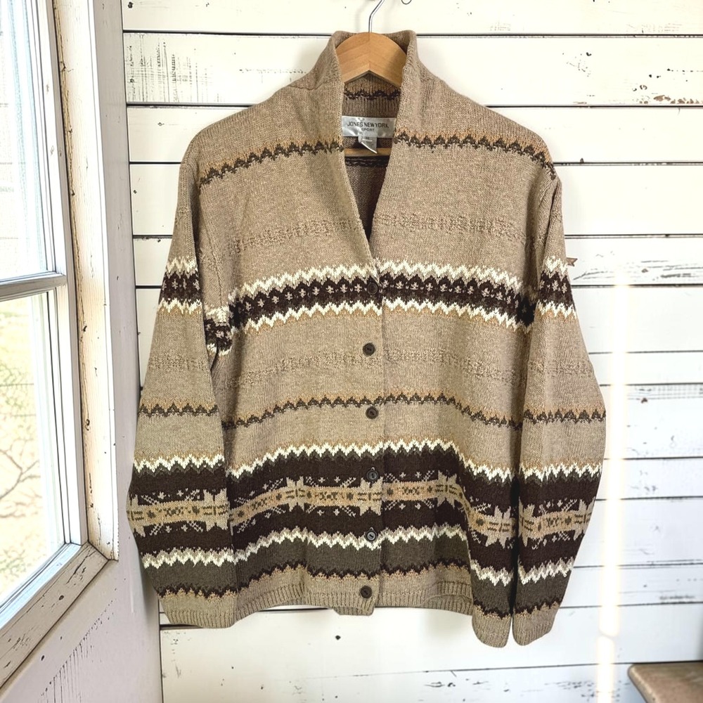 Vintage Cardigan M Tan Ramie Cotton Fair Isle Shawl Collar Grandpa Brown Earthy